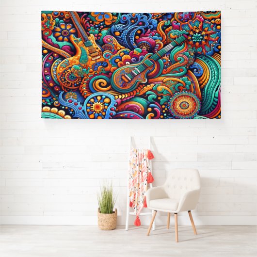 Psychedelische Batik Gitaar Art-Kleurrijke Retro M Spandoek (Insitu)