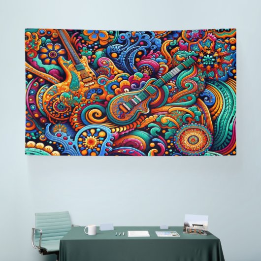 Psychedelische Batik Gitaar Art-Kleurrijke Retro M Spandoek (Beurs)