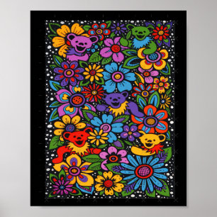 Psychedelische Bloemen Dansende Beren Kleurrijke D Poster