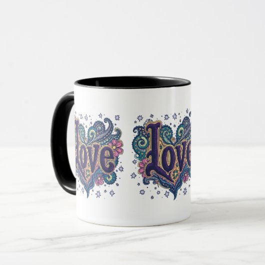 Psychedelische Boho Love Lettering met Bloemen Acc Mok (Voorkant links)