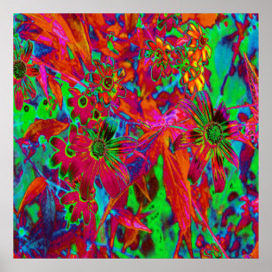 Psychedelische Groovy Rode en Groene Wilde Bloemen Poster