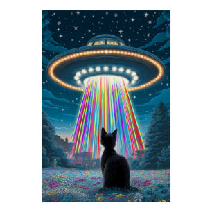 Psychedelische kat en ufo   Grappige buitenaardse  Perfect Poster