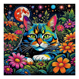 Psychedelische kat tussen bloemen perfect poster