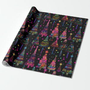 Psychedelische kerstbomen op zwart cadeaupapier