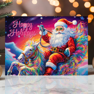 Psychedelische Kerstman op Regenboogpaard Feestdagen Kaart
