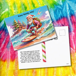 Psychedelische Kerstman surfen in de oceaan Feestdagenkaart