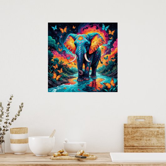 Psychedelische Kleurrijke Olifant en Vlinders Poster (Keuken)