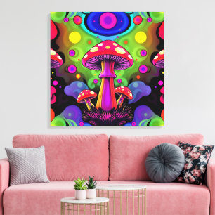 Psychedelische Kleurrijke Retro Paddenstoelen Canvas Afdruk