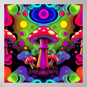 Psychedelische Kleurrijke Retro Paddenstoelen Poster