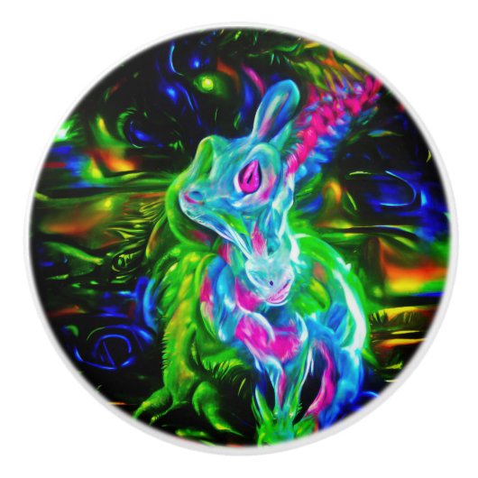 Psychedelische Konijnendraak in Neon Fantasy Keramische Knop (Voorkant)