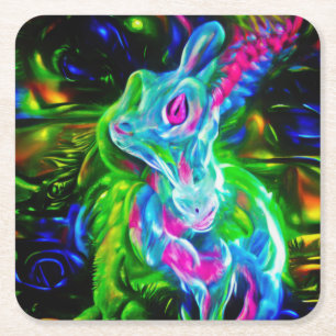 Psychedelische Konijnendraak in Neon Fantasy Vierkante Kartonnen Onderzetter