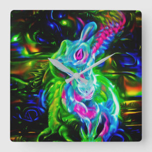 Psychedelische Konijnendraak in Neon Fantasy Vierkante Klok