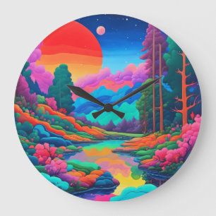 Psychedelische landschap roze groene kunst grote klok