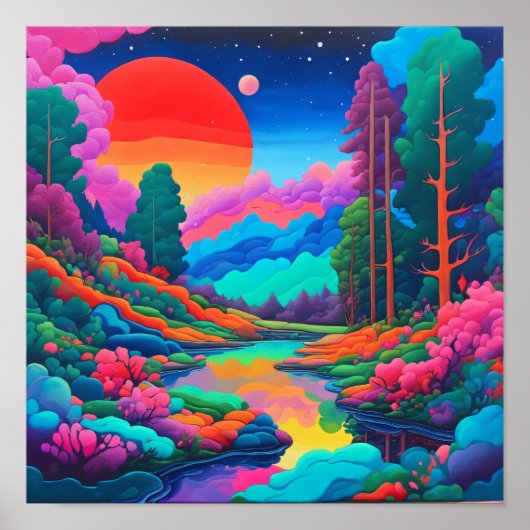 Psychedelische landschap roze groene kunst poster (Voorkant)