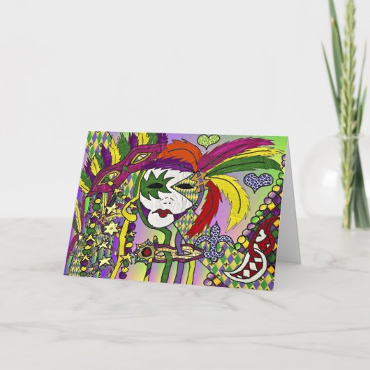 Psychedelische Mardi Gras Veermasker Kaart (Voorkant)