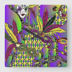 Psychedelische Mardi Gras Veermaskers Vierkante Klok