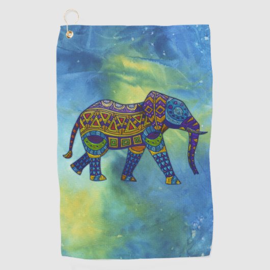 Psychedelische olifant op blauwgroene ruimte golfhanddoek (Voorkant)
