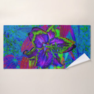 Psychedelische Paarse en Limegroene Lelie Bloem Badhanddoek