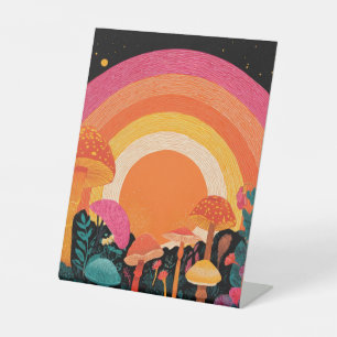 Psychedelische Paddenstoel Zonsondergang – Retro F Reclamebord Met Voetstuk