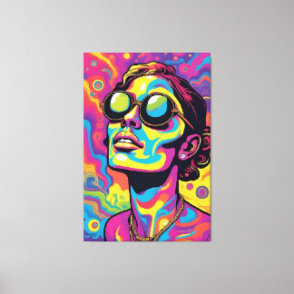 Psychedelische Pop Art Portrait – Vibrant Neon Tri Canvas Afdruk
