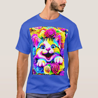 Psychedelische regenboogkat in een bloeiende tuin  t-shirt