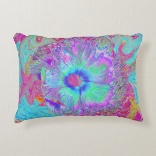 Psychedelische Retro Regenboog Blauwe Hibiscus Accent Kussen