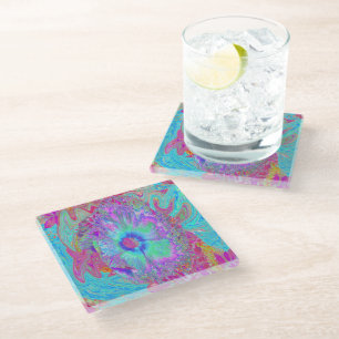 Psychedelische Retro Regenboog Blauwe Hibiscus Glazen Onderzetter