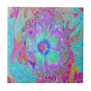 Psychedelische Retro Regenboog Blauwe Hibiscus Tegeltje
