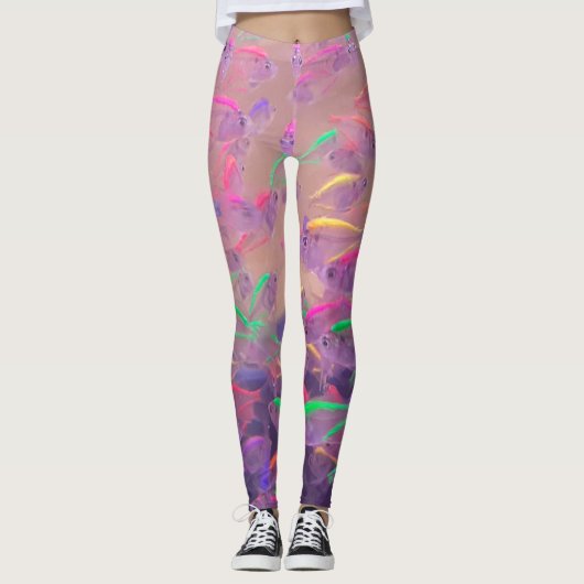 Psychedelische roze Paarse gele neonvis voor vrouw Leggings (Voorkant)