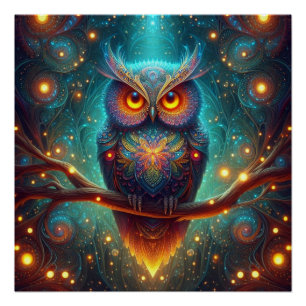 Psychedelische uil in een kosmisch bos perfect poster