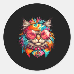 Psychedelische Vrede Kat Kleurrijke Hippie Retro G Ronde Sticker