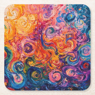 Psychedelische wervelingen olieverfschilderij vierkante kartonnen onderzetter