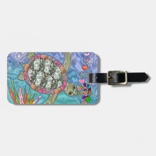 Psychedelische zeeschildpad zeepaard kunst bagagelabel