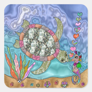 Psychedelische zeeschildpad zeepaard kunst vierkante sticker