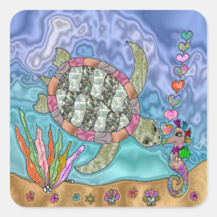 Psychedelische zeeschildpad zeepaard kunst vierkante sticker