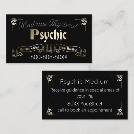 Psychic Medium Fortune Teller in Gold en Black Visitekaartje (Voorkant / Achterkant)