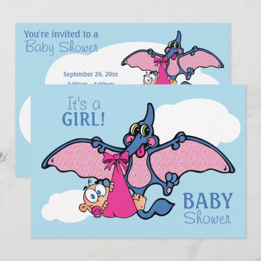 Pterodactyl Dinosaur Het is een meisje Baby shower Kaart (Voorkant / Achterkant)