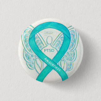PTSD Awareness Ribbon Blauwgroen Angel Custom Art  Ronde Button 3,2 Cm