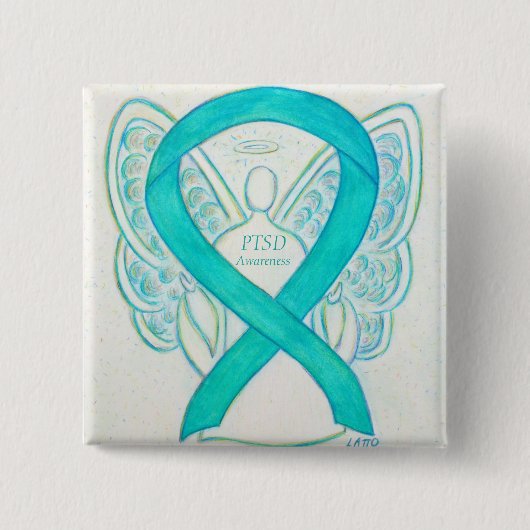 PTSD Awareness Ribbon Blauwgroen Angel Custom Art Vierkante Button 5,1 Cm (Voorkant)