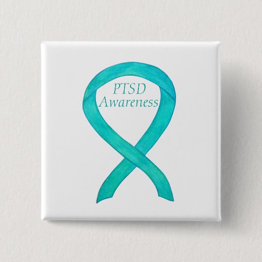 PTSD Awareness Ribbon Blauwgroen Custom Art Pins Vierkante Button 5,1 Cm (Voorkant)
