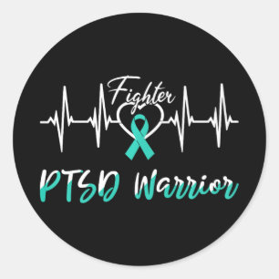 PTSS Bewustzijn Warrior Heartbeat Fight Blauwgroen Ronde Sticker