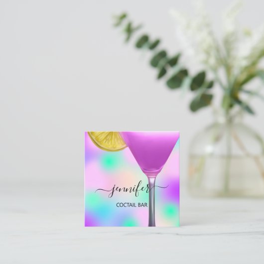 Pub Coctail Wijnbar Drink Roze Violet Lavendel Vierkante Visitekaartje (Staand voorkant)