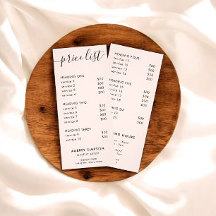 Publicitaire Carte en rack rose pâle du tarif de la calligraphi