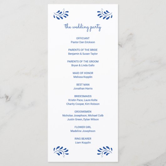 Puebla stijl blauw Mexicaanse bruiloft programma (Achterkant)