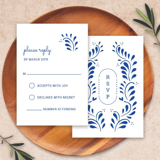 Puebla Style Blue Mexican Wedding RSVP Kaart