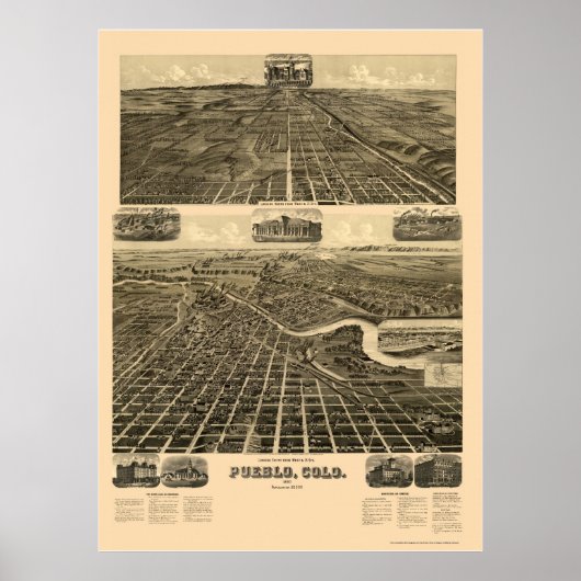 Pueblo, CO Panorama Map - 1890 Poster (Voorkant)