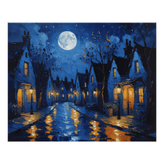 Pueblo de noche con luces perfect poster