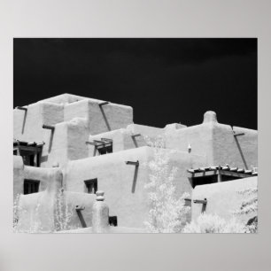 Pueblo stijl adobe herberg bij Loretto, Santa Fe,  Poster