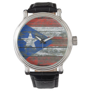 Puerto Ricaanse vlag op ruw houten plankeffect Horloge