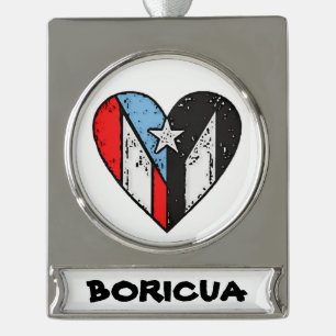 Puerto Ricaanse vlaggen Boricua Heart, Puerto Ri Verzilverd Banner Ornament